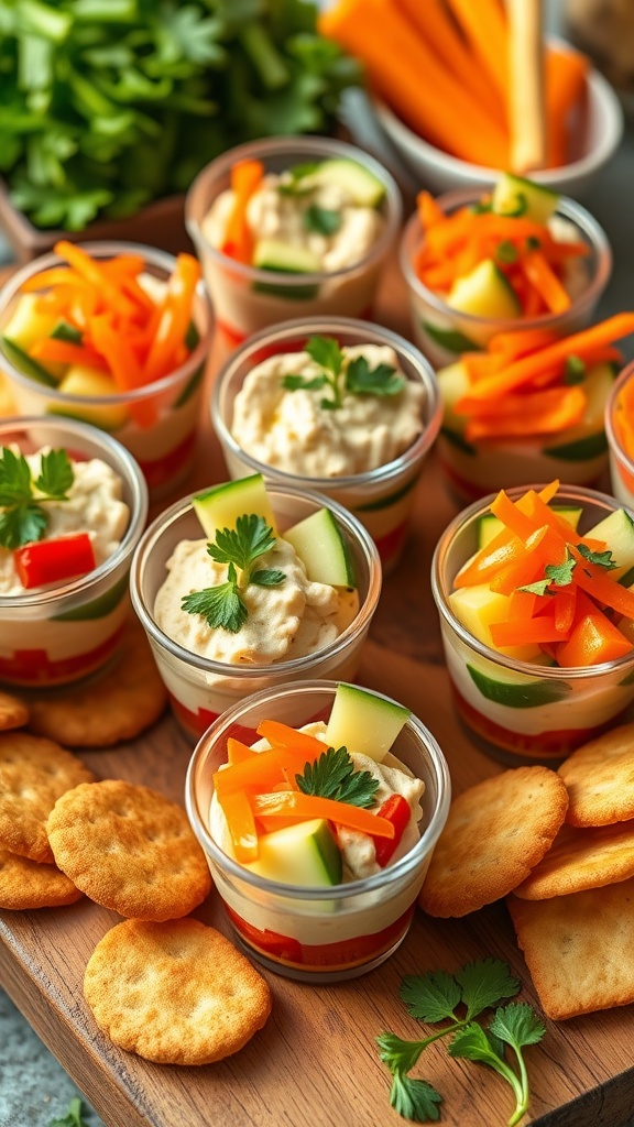 Delightful Appetizer Cups for Any Occasion An array of appetizer cups filled with dips and vegetables on a wooden platter.